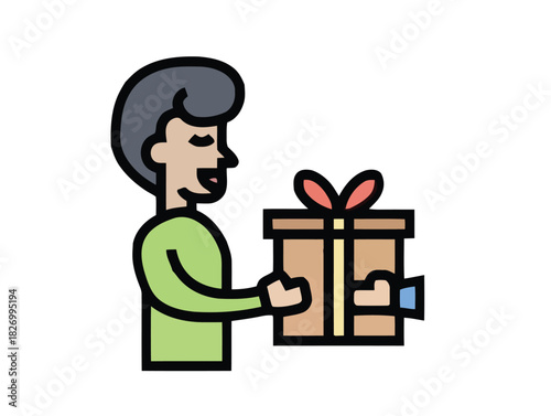 Vector illustration of a smiling man offering a beautifully wrapped gift box with a red bow, symbolizing generosity, celebration, and surprise