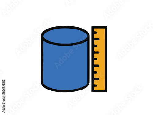 A simple vector icon of a blue cylinder being measured by a yellow ruler, illustrating concepts of height, size, geometry, and dimension