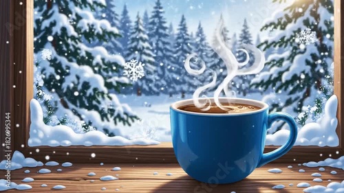 Cozy Blue Mug with Steaming Beverage and Snowy Winter Forest View from Wood Window in Daytime