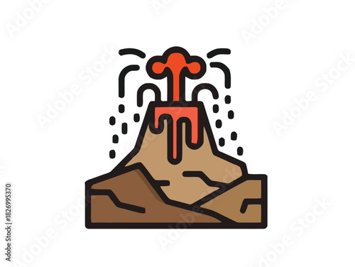 Vibrant flat line illustration depicting a powerful volcano erupting, with molten lava and smoke rising from its crater, symbolizing natural geological forces and Earth's dynamic power