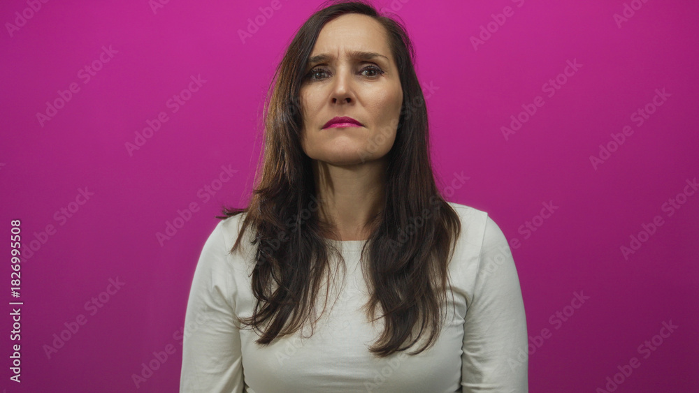 Fototapeta premium Young hispanic woman squints eyes and tilts head in pink studio setting; curiosity contemplation wonder intrigue.