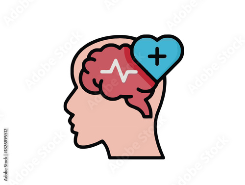 A vibrant flat line icon illustrating the concept of mental health, psychological well-being, and a healthy mind with brain and heart symbols