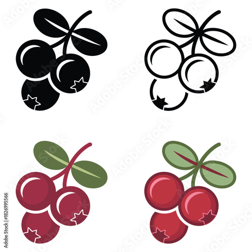 A collection of cranberry or lingonberry illustrations, featuring black and white solid and outline versions, alongside vibrant red and green colored berries on a branch, isolated on
