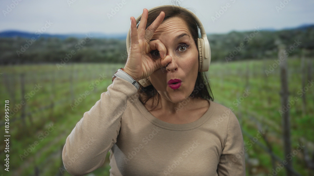 Obraz premium Woman wearing headphones gestures playfully in a green park setting, showcasing positive expressions in an outdoor atmosphere.
