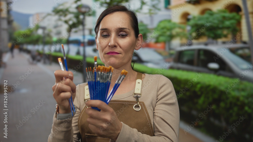 Fototapeta premium Woman examining paintbrushes in an apron outdoors on a lively city street, showcasing artistic creativity in an urban environment.