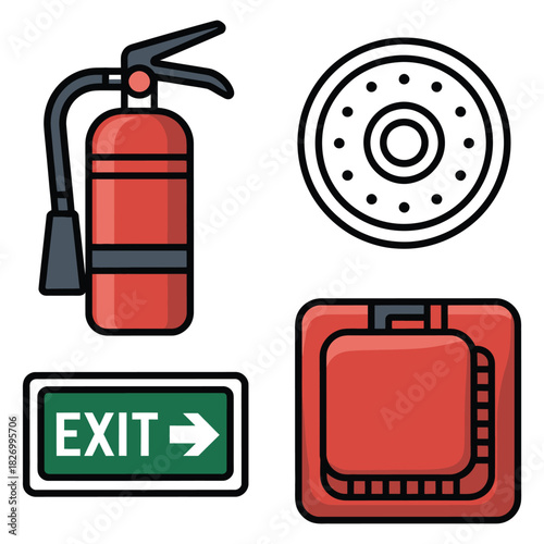 A comprehensive set of fire safety and emergency exit icons, featuring a fire extinguisher, an alarm bell, a green exit sign, and a fire alarm pull station, isolated on