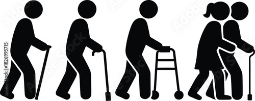 Elderly people walking with canes and a walker, pictogram set