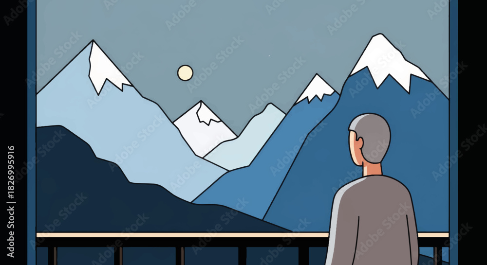 Naklejka premium Minimalist vector illustration of a person looking at mountains. Flat design landscape with snow peaks and sun. Nature retreat and contemplation concept