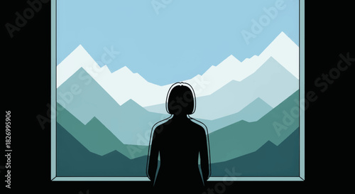 Person looking at mountain landscape through window. Minimalist vector illustration of silhouette back view. Flat design nature scenery concept