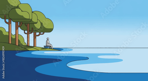 Minimalist vector illustration of a person sitting by a lake. Nature landscape with trees and water. Solitude and relaxation concept