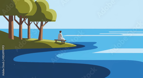 Person sitting on a bench overlooking a lake. Minimalist flat design vector illustration. Solitude and nature landscape concept