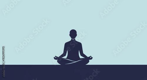 Minimalist vector illustration of a person meditating. Silhouette of yoga lotus pose on blue background. Mindfulness and mental health concept