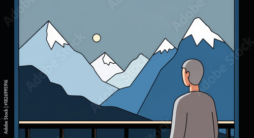 Minimalist vector illustration of a person looking at mountains. Flat design landscape with snow peaks and sun. Nature retreat and contemplation concept