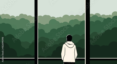 Person looking at forest view through window. Minimalist flat design vector illustration. Solitude and nature retreat concept