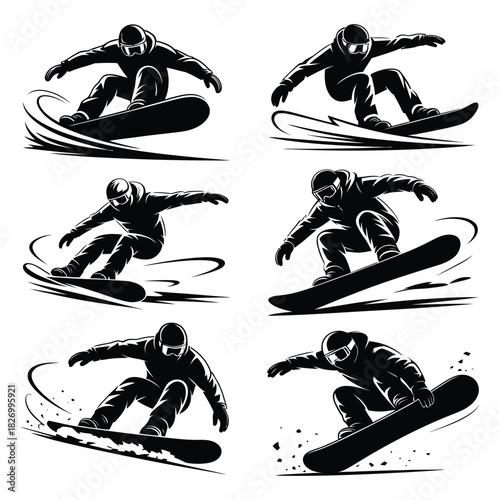 Collection of dynamic black and white illustrations showcasing snowboarders performing various tricks and maneuvers, captured in action poses, isolated on