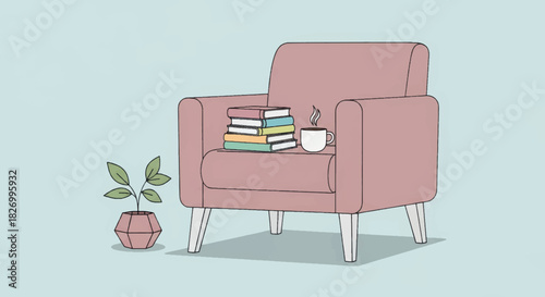 Cozy reading armchair with stack of books and coffee cup. Minimalist flat design vector illustration. Interior furniture concept with potted plant
