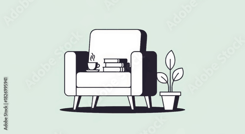 Minimalist armchair with books and coffee cup. Cozy reading nook line art vector illustration. Home interior furniture icon