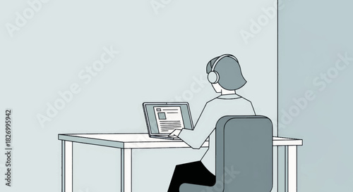 Minimalist vector illustration of a woman working on a laptop with headphones. Remote work and freelancer concept. Flat design graphic