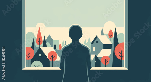 Silhouette of person looking at village view through window. Minimalist flat design vector illustration. Geometric landscape with houses and trees