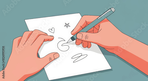 Hands drawing doodles on paper with a pen. Creative activity and brainstorming concept. Flat design vector illustration