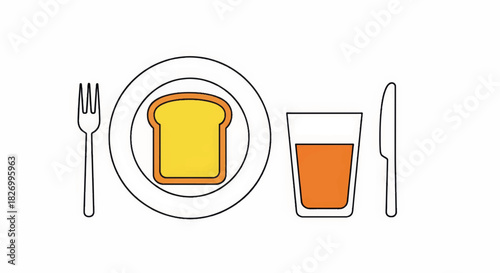 Minimalist breakfast vector illustration. Toast on plate with orange juice and cutlery. Flat line art food icon for menu or diet app