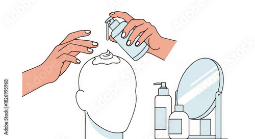 Skincare and haircare routine vector illustration. Hands applying cream from pump bottle to head. Minimalist beauty and grooming concept with mirror and cosmetics