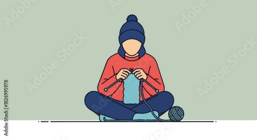 Person knitting with yarn and needles. Hobby and craft concept. Flat design vector illustration of a woman in a sweater and beanie sitting cross-legged