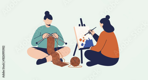 People enjoying creative hobbies knitting and painting. Flat design vector illustration of leisure activities. Art and craft workshop concept
