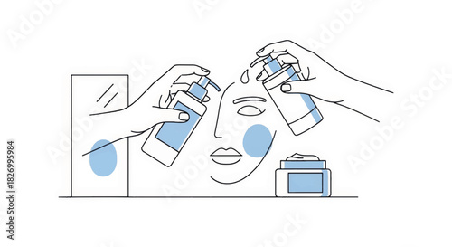 A minimalist illustration of a skincare routine. Line art of hands applying cosmetic products to a face. Vector graphic for self-care and beauty concepts