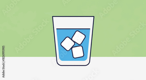 Glass of water with ice cubes. Minimalist flat vector illustration of cold beverage. Hydration and healthy lifestyle concept