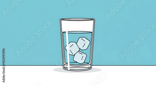 Glass of water with ice cubes. Hand drawn vector illustration of cold beverage. Minimalist hydration concept