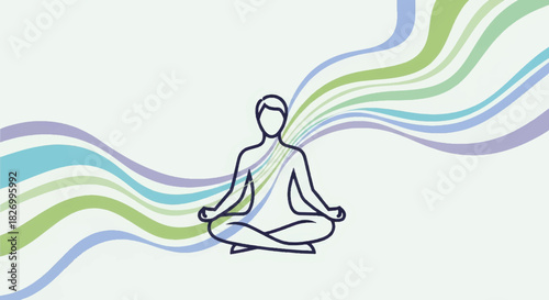 Minimalist meditation and mindful breathing vector illustration. Person in lotus pose with abstract energy waves. Yoga and mental wellness line art concept