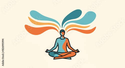 Meditation and mindfulness vector illustration. Abstract person sitting in lotus pose with colorful thought waves. Flat design mental health concept