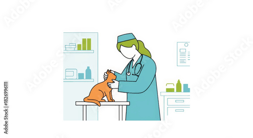 Veterinarian examining a cat in a clinic. Minimalist vector illustration of animal healthcare. Female doctor with pet patient line art