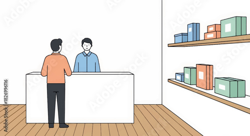 Customer standing at a counter talking to a shop clerk. Retail and small business concept. Minimalist flat design vector illustration