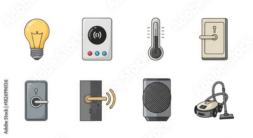 Smart home technology icon set. Hand drawn doodle vector illustration of automation devices. IoT symbols isolated on white background