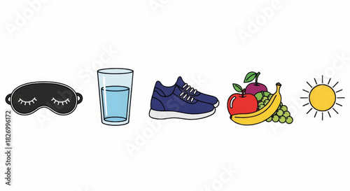 Wellness habits icon set for a healthy lifestyle. Simple colorful vector illustrations. Includes sleep, hydration, exercise, nutrition, and sun symbols