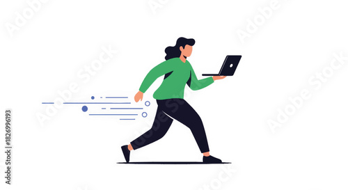 Businesswoman running fast with open laptop computer. Concept of rushing to meet deadline, speed, and efficiency. Flat design vector illustration isolated on white background