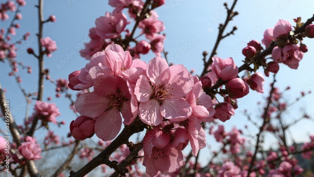 Fototapeta premium Pink blossoms on tree branches against a blue sky.