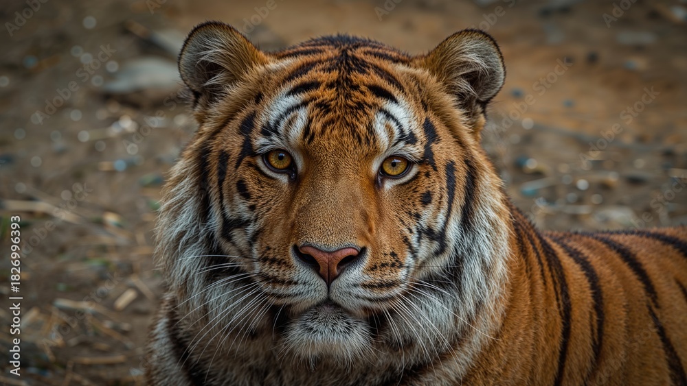Fototapeta premium A tiger with striking orange and black stripes staring directly at the camera in a natural outdoor setting.