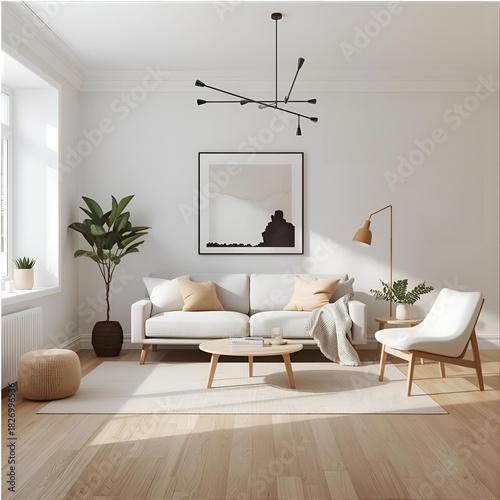 Wallpaper Mural Cozy and inviting contemporary living room with a modern chandelier, comfortable sofa, and natural light streaming in through large windows, creating a serene atmosphere Torontodigital.ca