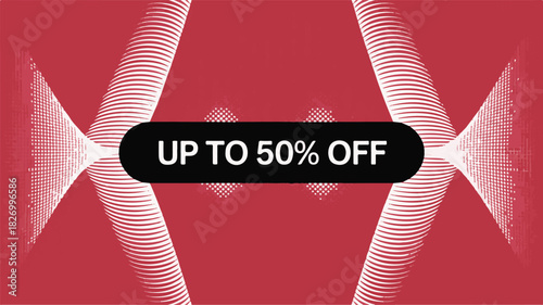 Abstract Red Background With White Halftone Patterns And " Up To 50% Off" Sale Text Keywords: sale, discount, promotion, offer, advertisement, shopping, retail, savings