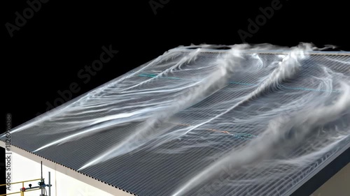 Medium shot of dynamic wind uplift testing showing airflow simulation over a roof surface capturing realtime response of materials under fluctuating wind pressures.