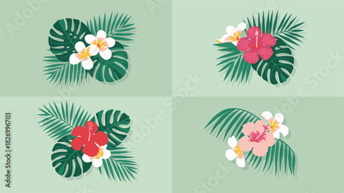 Four arrangements of tropical leaves and colorful hibiscus and plumeria flowers on a light green background