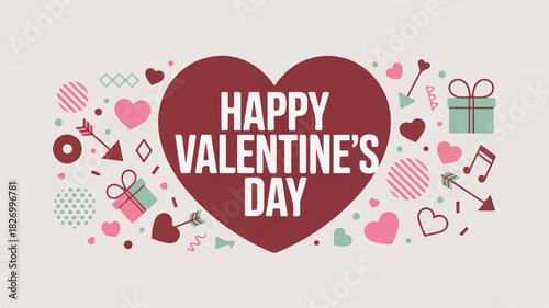 Happy Valentines Day Greeting Card With Heart And Romantic Symbols Keywords: happy valentines day, valentines day, love, romance, heart, greeting card, celebration, holiday