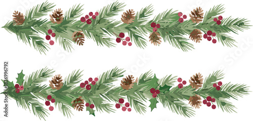 Christmas fir branch garlands with pine cones and red berries, elegant holiday border decoration in watercolor style, realistic botanical vector illustration, isolated on white, cad drawing