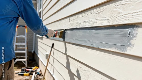 Home improvement professional using a brush to apply weatherproof striping on house siding for enhanced moisture protection.