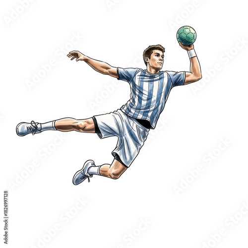 Handball goalkeeper leaping to make a save with ball