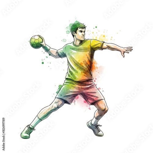 Dynamic watercolor handball player in action