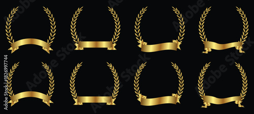 Golden achievement vector icons set featuring laurel wreaths, Golden Laurel Wreaths With Ribbons for Winners.
